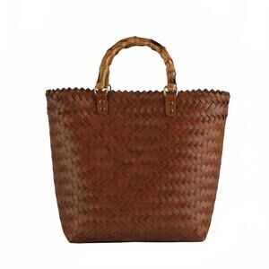 NEW ANARCHY STREET women's basket weave bamboo handle square tote bag in brown